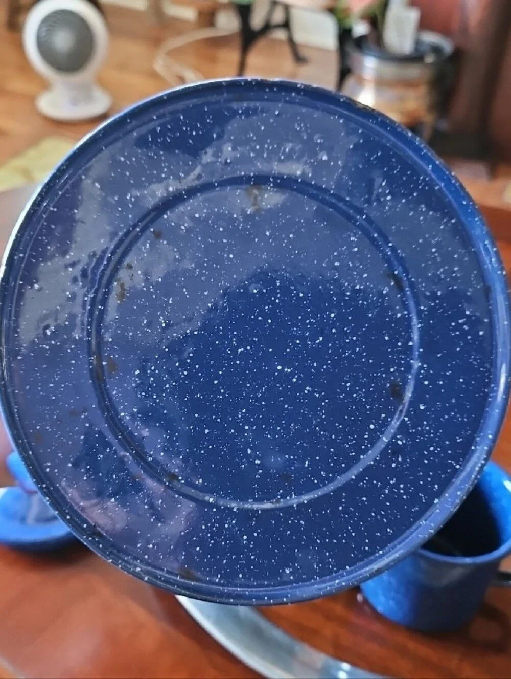 Classic Blue Speckled Enamel Coffee Pot & Two Mugs